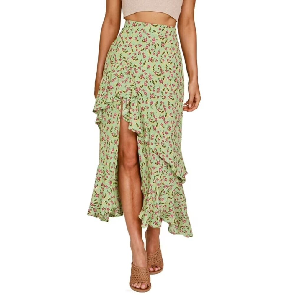 NWT Boho Floral High Low Skirt Small Green Pink Ruffle Elastic Waist Spring